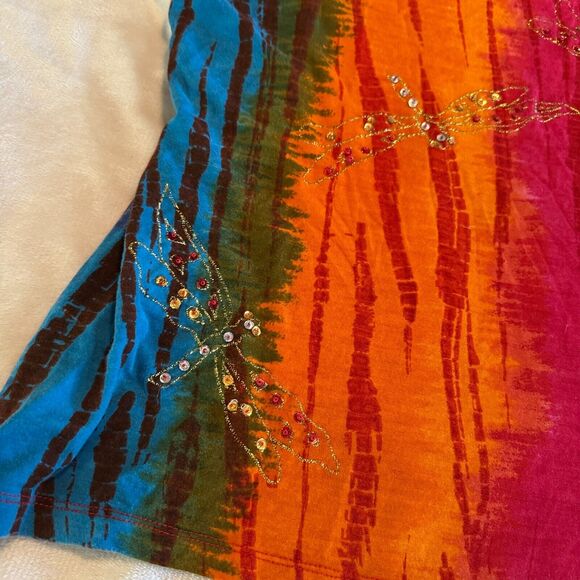 Indochine Colorful Blouse Embellished Sleeveless Top Tank sequins dragonfly Sz L - Picture 2 of 9